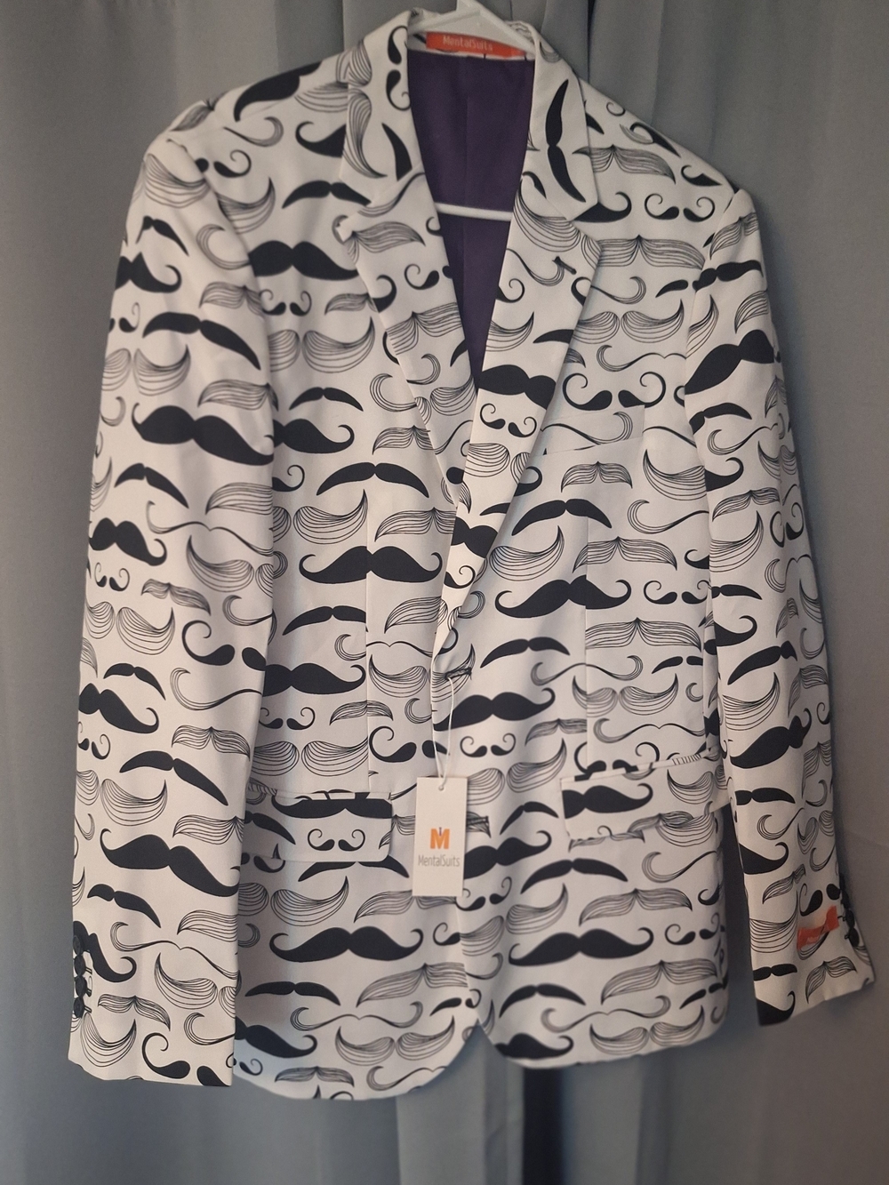 Men's White MentalSuits Suit with Black Mustache Print, Tie Included, Size